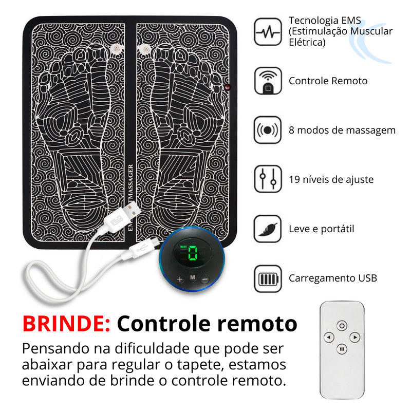 Tapete massageador EMS para pés + Controle remoto de BRINDE - Alívio de dores e inchaço